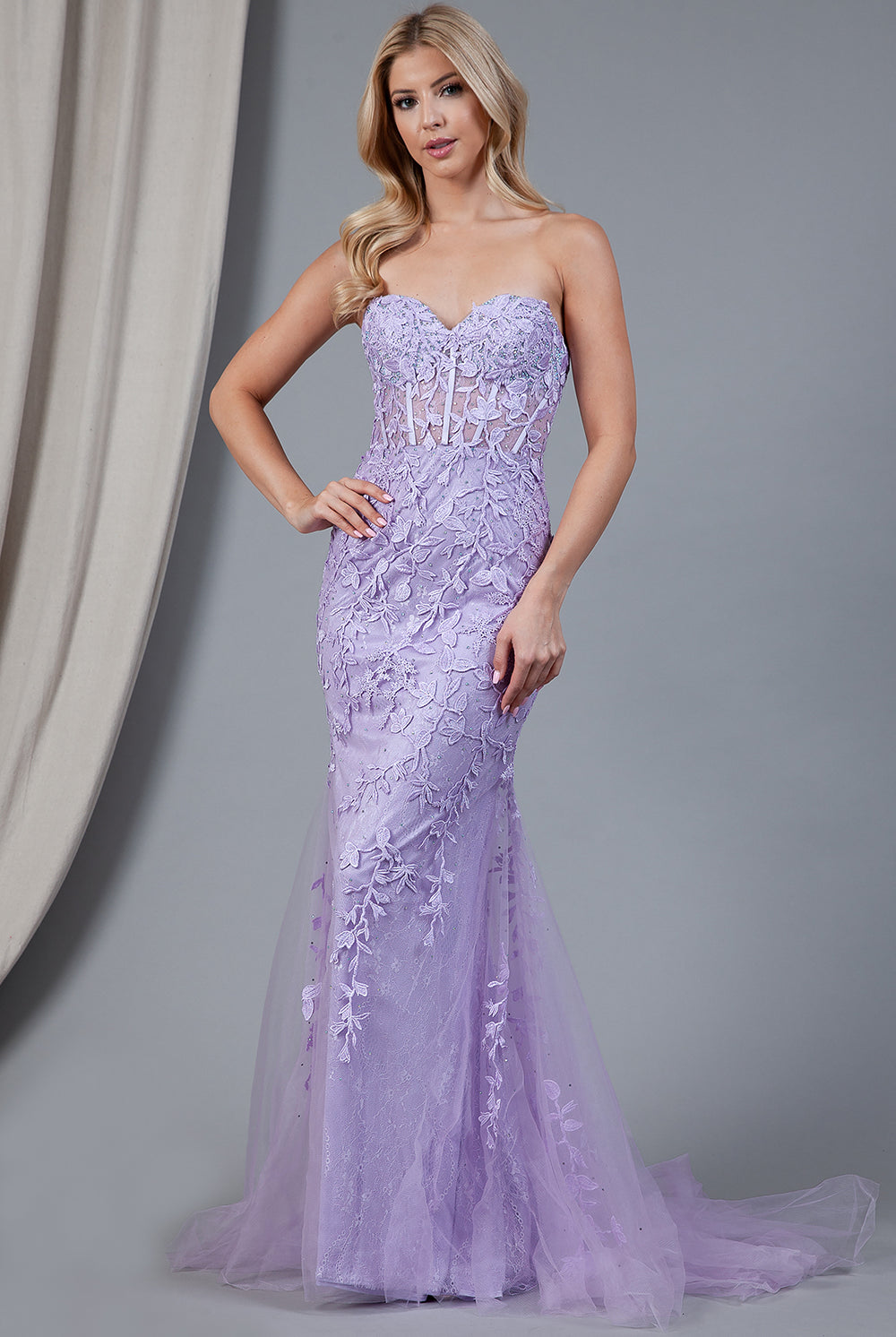 Embroidered Lace Long Prom Dress, Mermaid Strapless-smcdress
