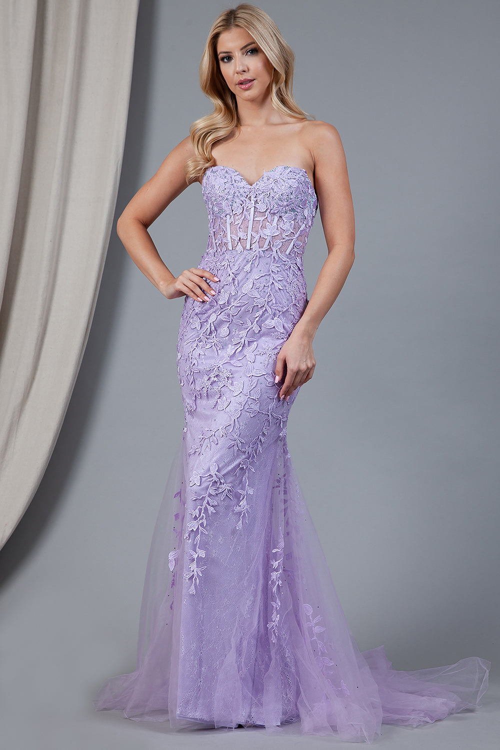 Embroidered Lace Long Prom Dress, Mermaid Strapless-smcdress