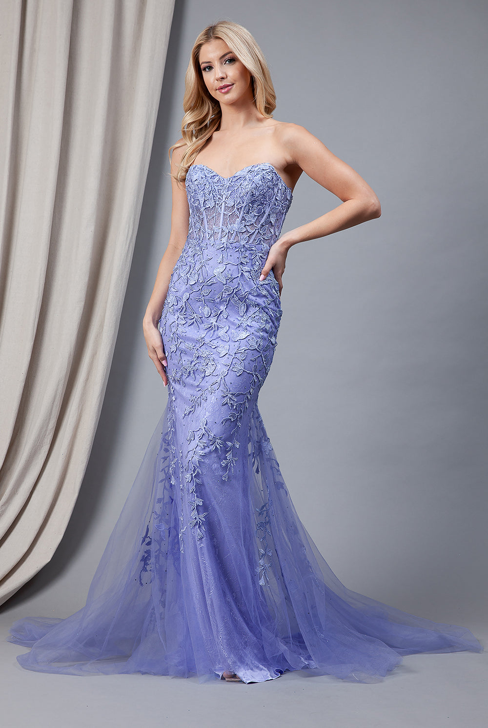 Embroidered Lace Long Prom Dress, Mermaid Strapless-smcdress