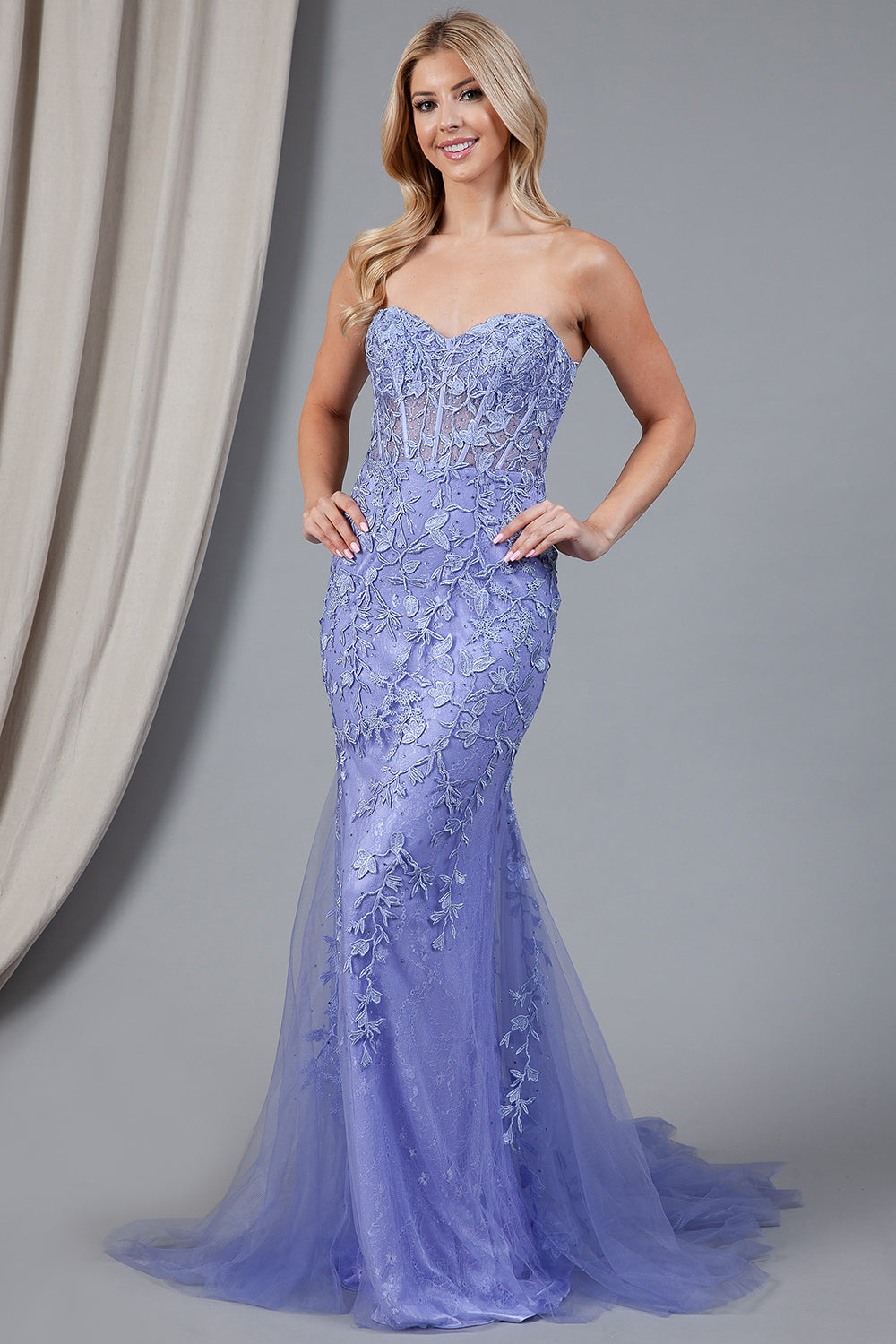 Embroidered Lace Long Prom Dress, Mermaid Strapless-smcdress