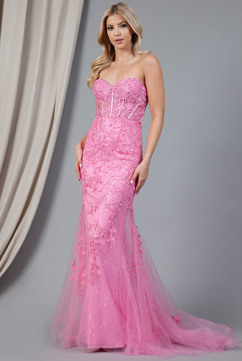 Embroidered Lace Long Prom Dress, Mermaid Strapless-smcdress