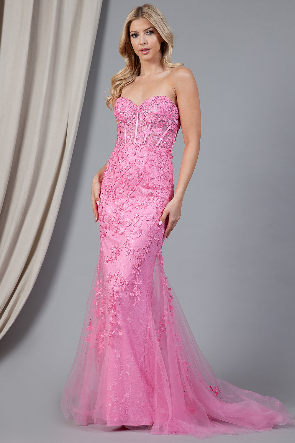 Embroidered Lace Long Prom Dress, Mermaid Strapless-smcdress