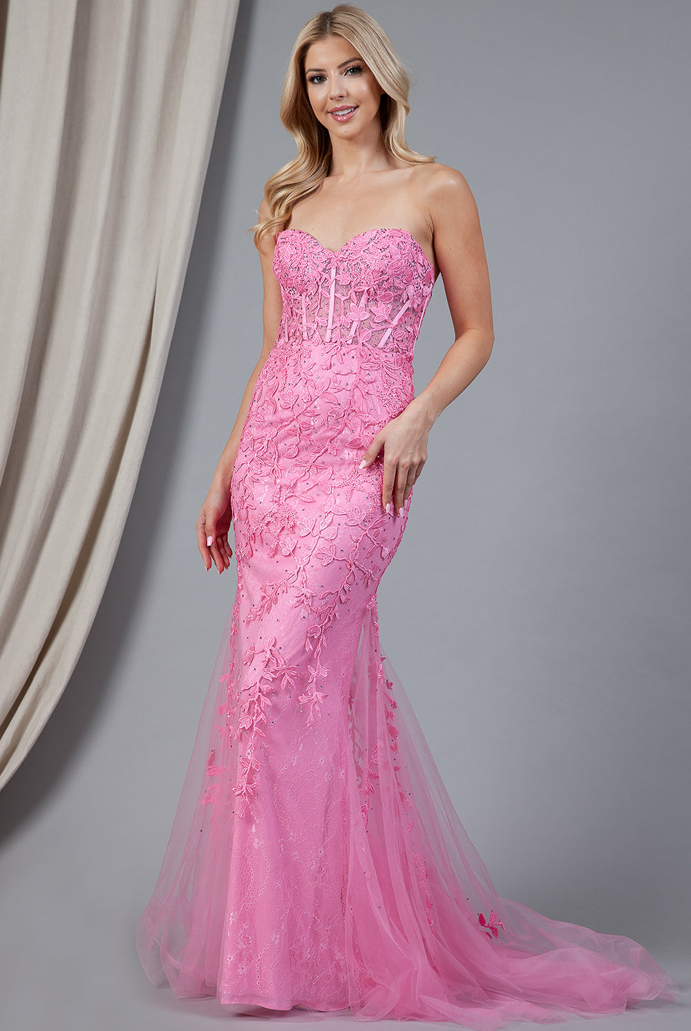Embroidered Lace Long Prom Dress, Mermaid Strapless-smcdress