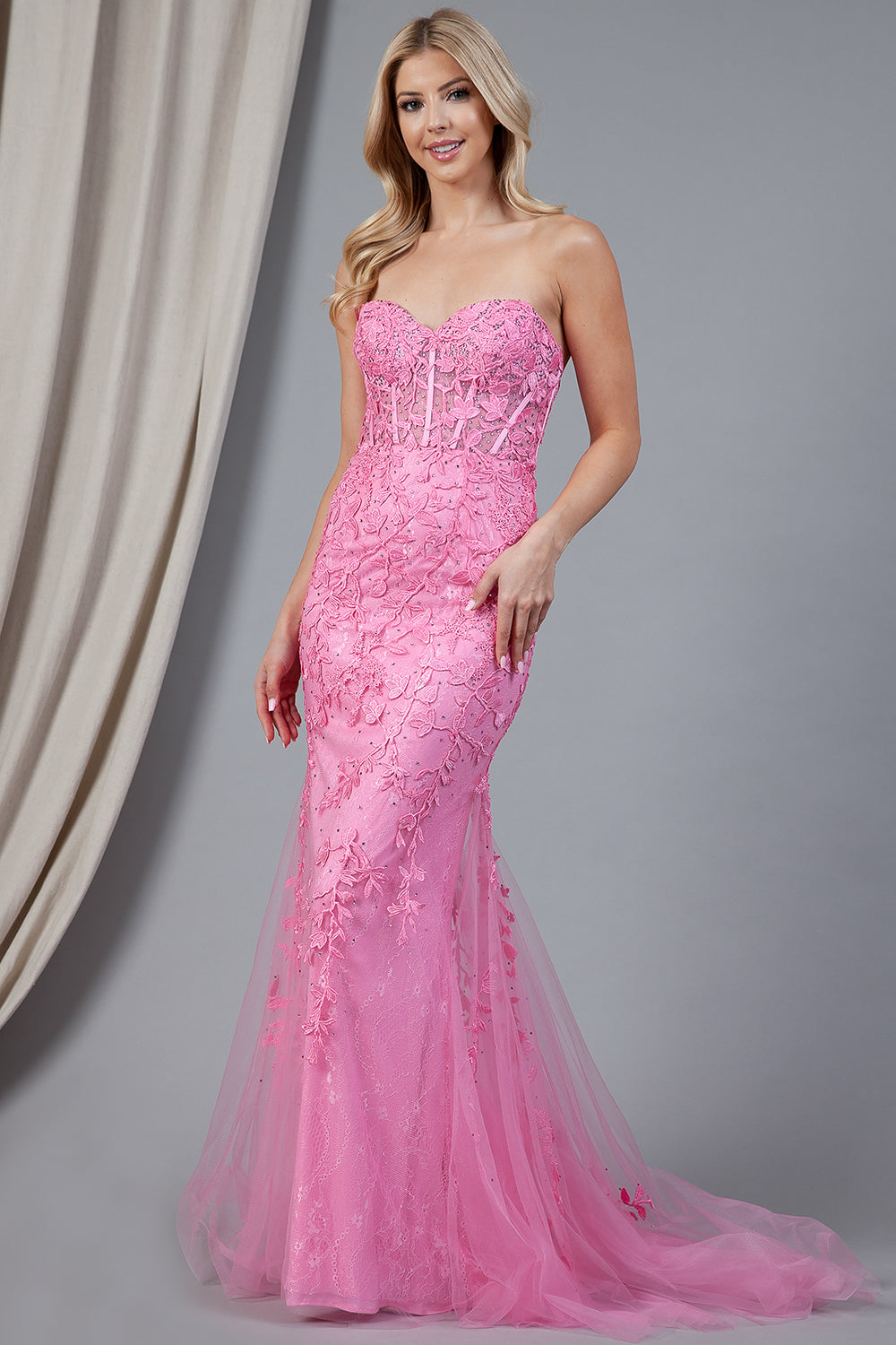 Embroidered Lace Long Prom Dress, Mermaid Strapless-smcdress