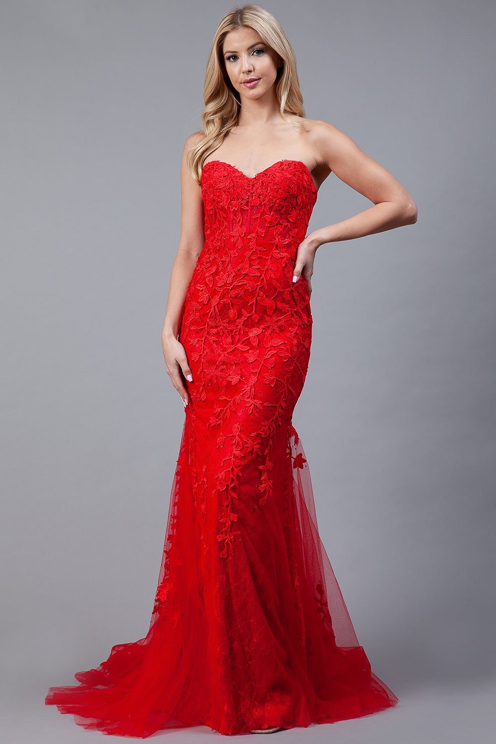 Embroidered Lace Long Prom Dress, Mermaid Strapless-smcdress