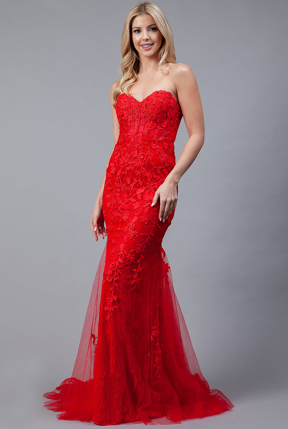 Embroidered Lace Long Prom Dress, Mermaid Strapless-smcdress