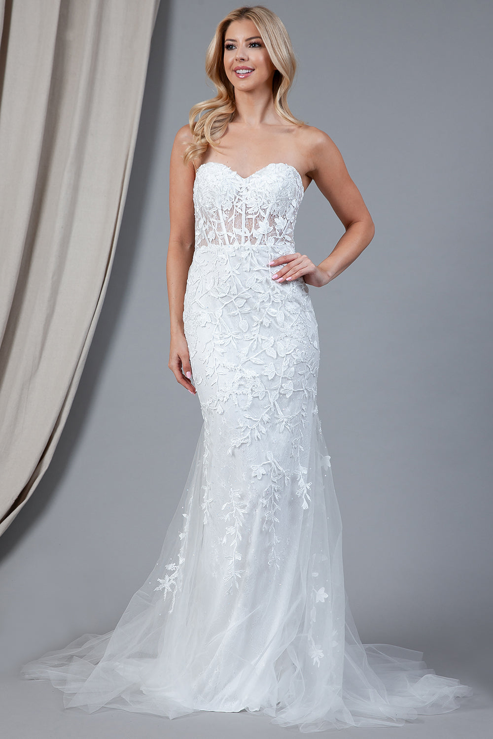 Embroidered Lace Long Prom Dress, Mermaid Strapless-smcdress