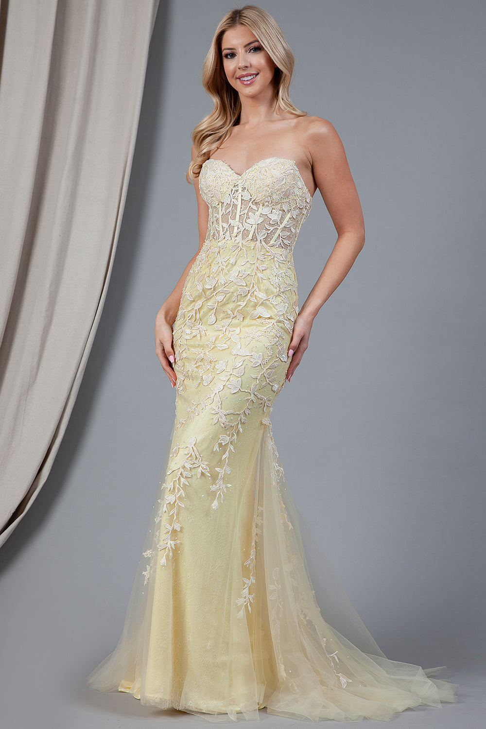 Embroidered Lace Long Prom Dress, Mermaid Strapless-smcdress