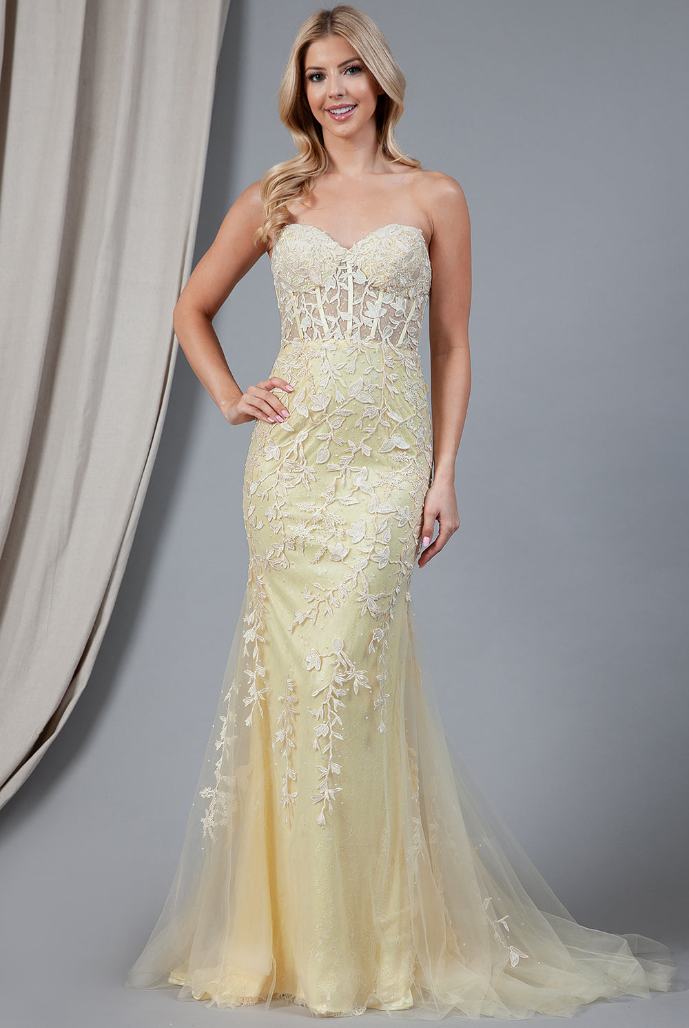 Embroidered Lace Long Prom Dress, Mermaid Strapless-smcdress