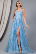 Glitter Lace Slit V-Back Prom Dress-smcdress