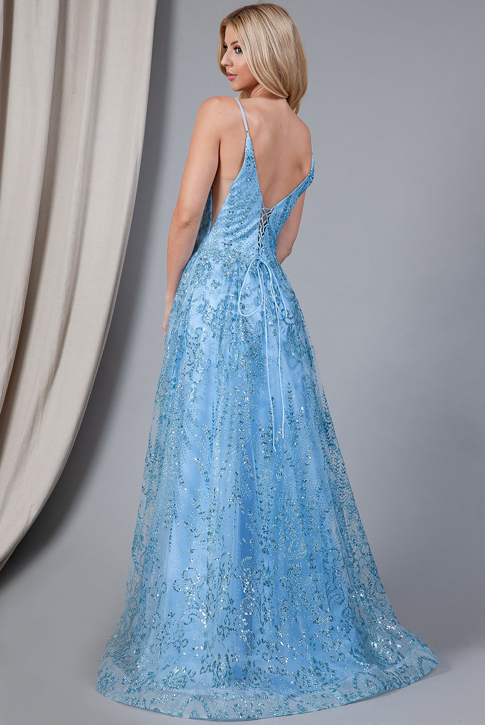 Glitter Lace Slit V-Back Prom Dress-smcdress