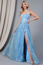 Glitter Lace Slit V-Back Prom Dress-smcdress