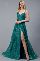 Glitter Lace Slit V-Back Prom Dress-smcdress