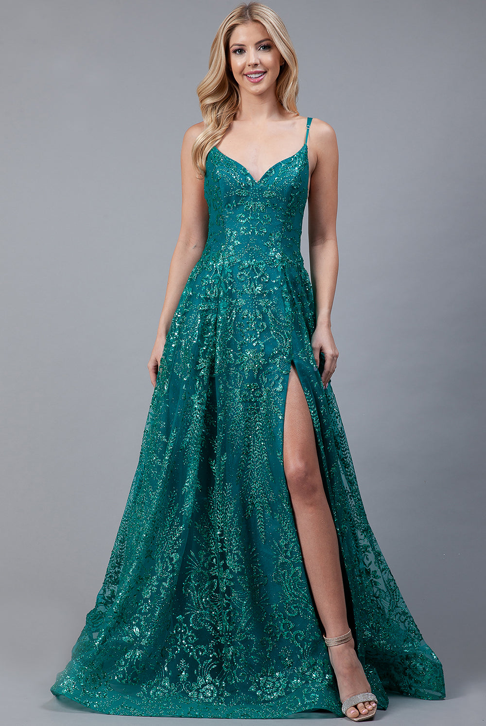 Glitter Lace Slit V-Back Prom Dress-smcdress