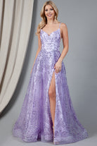 Glitter Lace Slit V-Back Prom Dress-smcdress