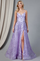 Glitter Lace Slit V-Back Prom Dress-smcdress
