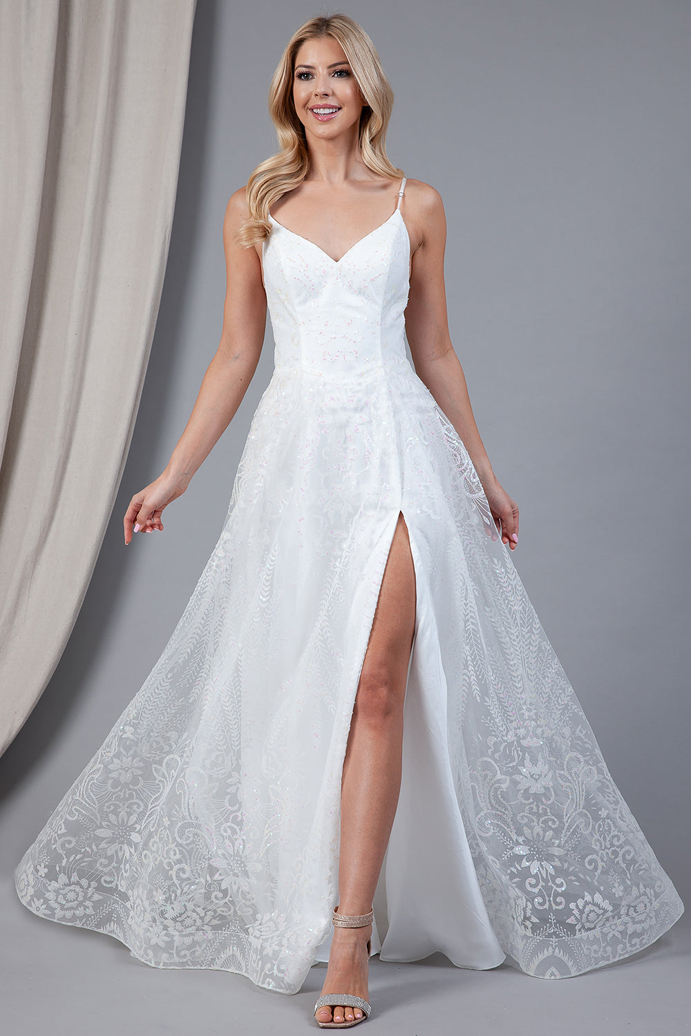 Glitter Lace Slit V-Back Prom Dress-smcdress
