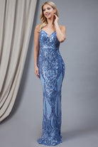Illusion V-Neck Sequin Prom Dress-smcdress