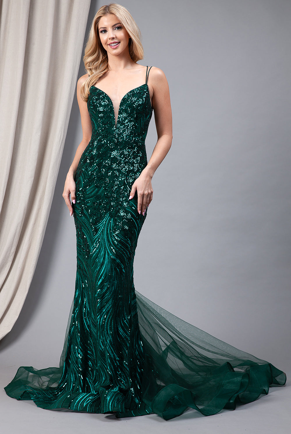 V-Neck Long Prom Dress w/ Embroidered Sequins Tulle Skirt-smcdress