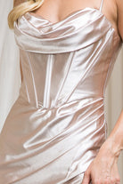 Side Slit Long Prom Dress with Cowl Neck & Satin Spaghetti Straps-smcdress
