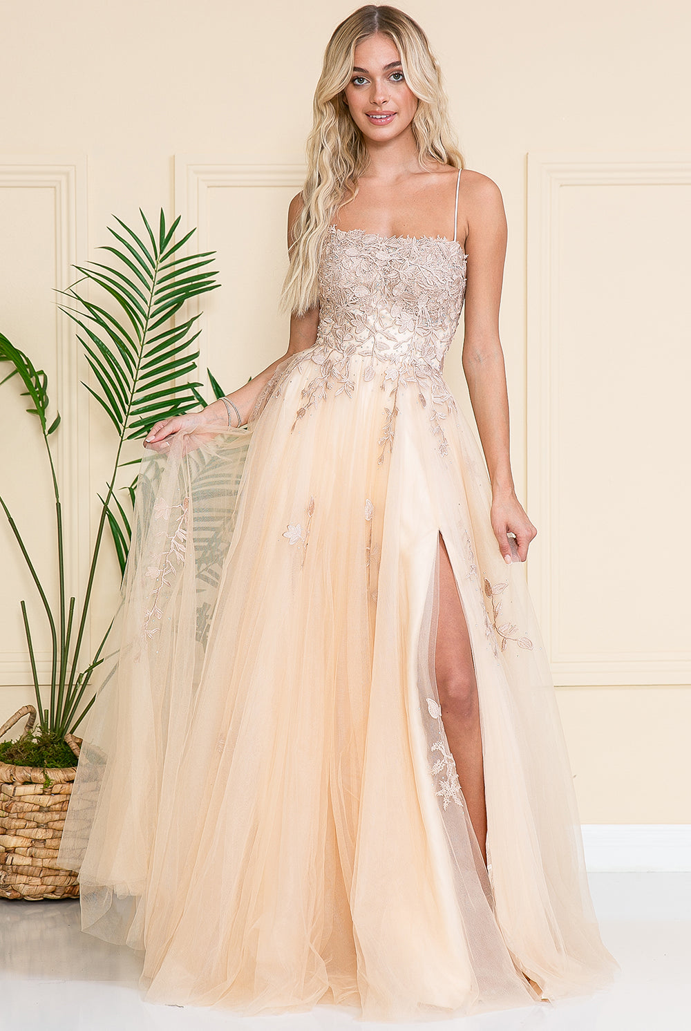 Embroidered Bodice Slit Long Prom Dress-smcdress