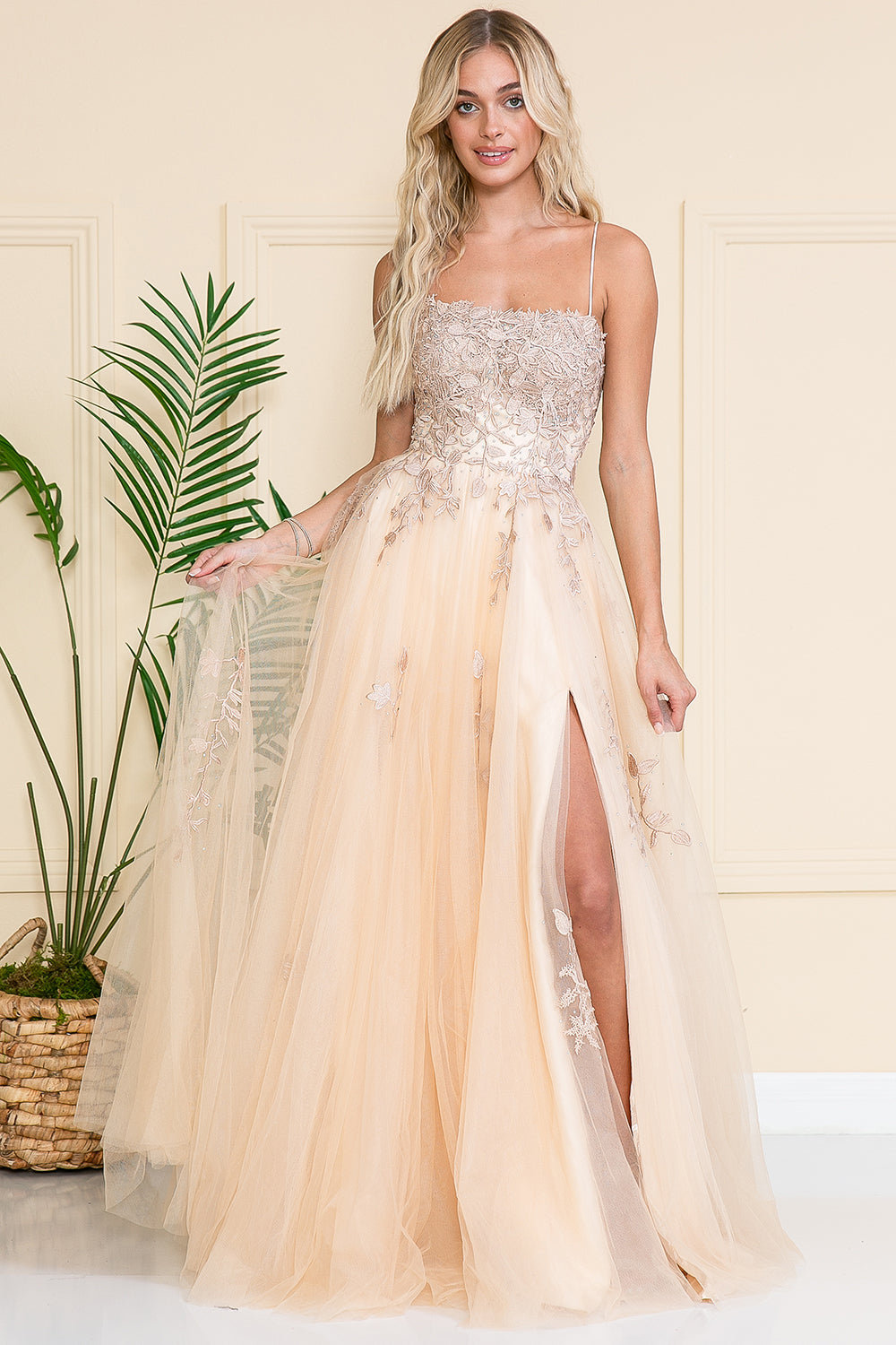 Embroidered Bodice Slit Long Prom Dress-smcdress