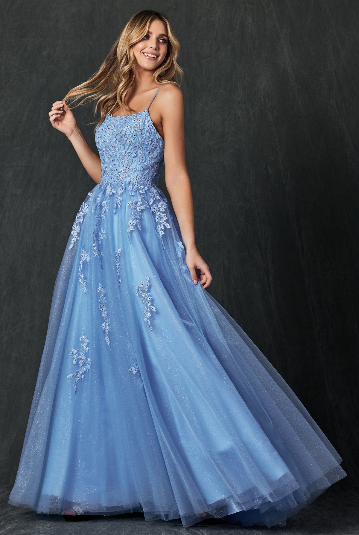 Tulle Prom Dress w/ Floral Applique-smcdress