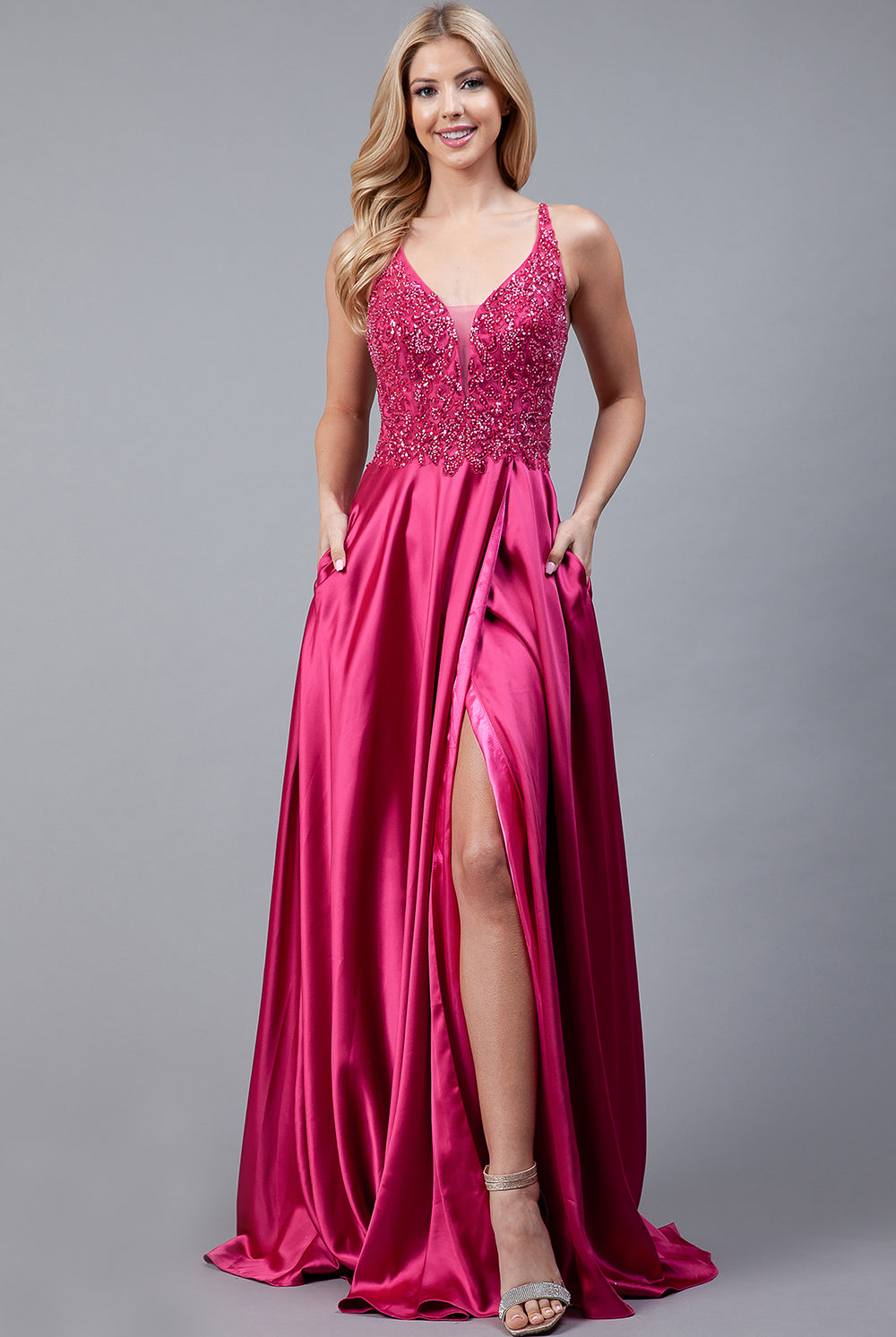 Long Prom Dress with Front Slit, Embroidered Bodice & Satin Skirt-smcdress
