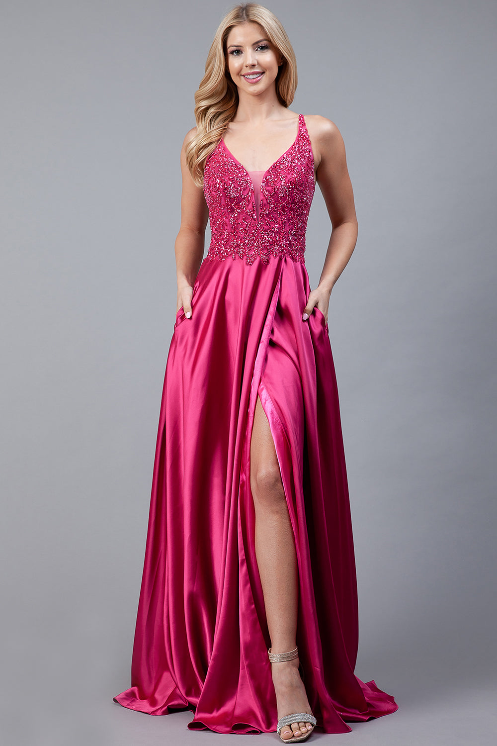 Long Prom Dress with Front Slit, Embroidered Bodice & Satin Skirt-smcdress