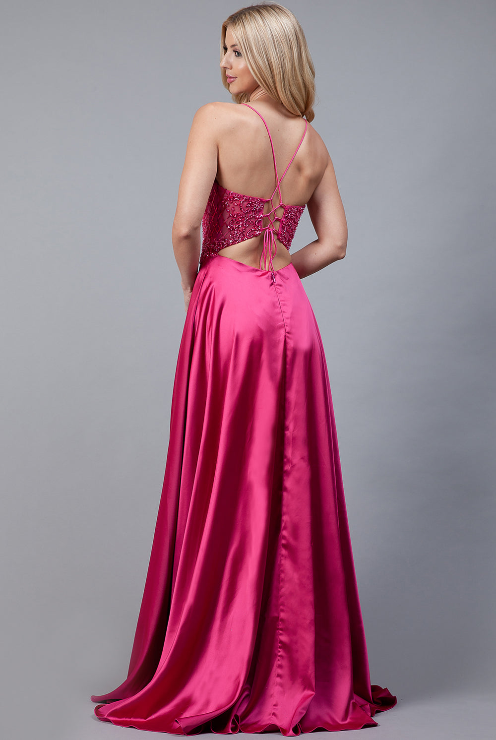 Long Prom Dress with Front Slit, Embroidered Bodice & Satin Skirt-smcdress