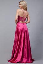Long Prom Dress with Front Slit, Embroidered Bodice & Satin Skirt-smcdress