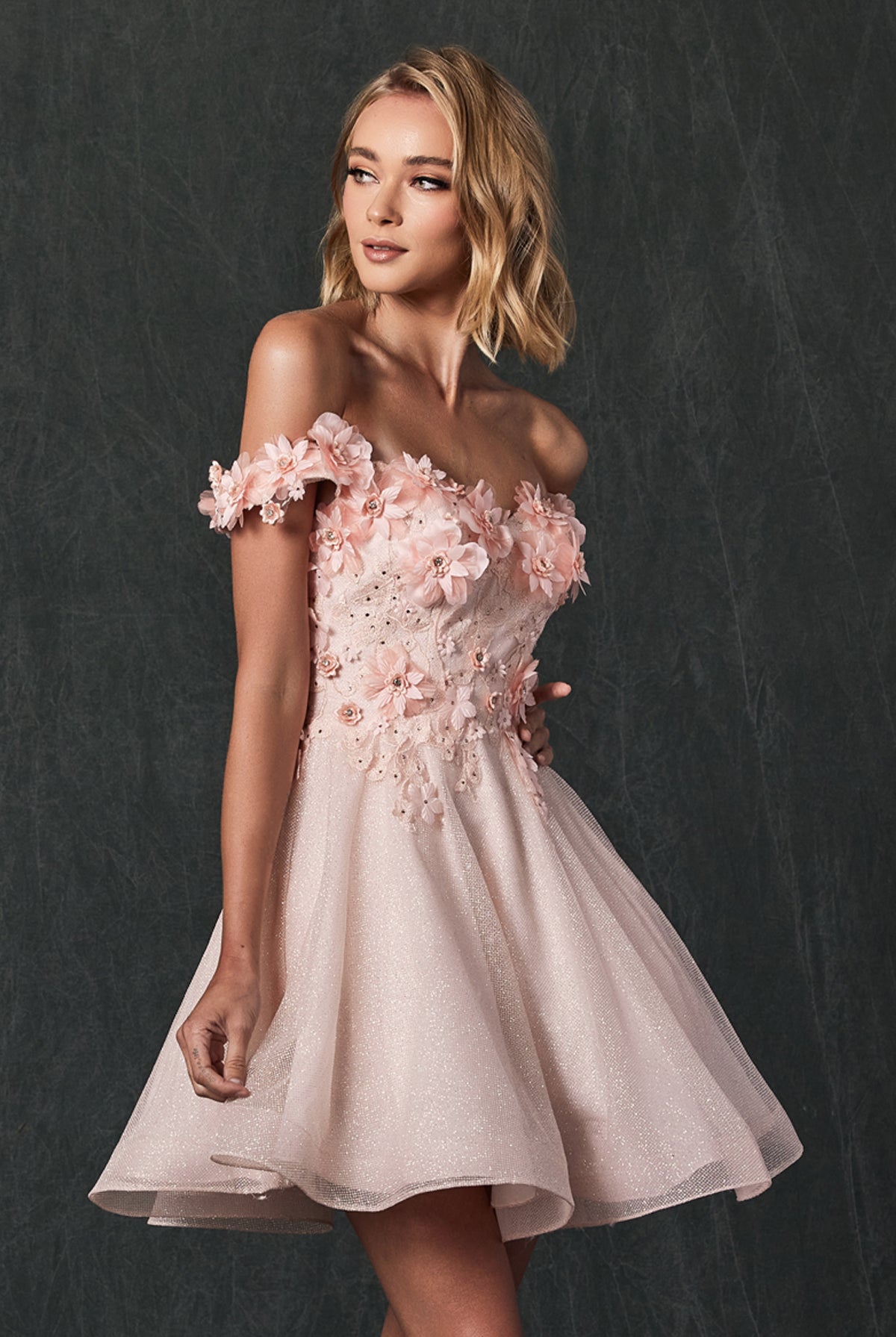 Floral embroidered and glitter mesh short dress-smcdress