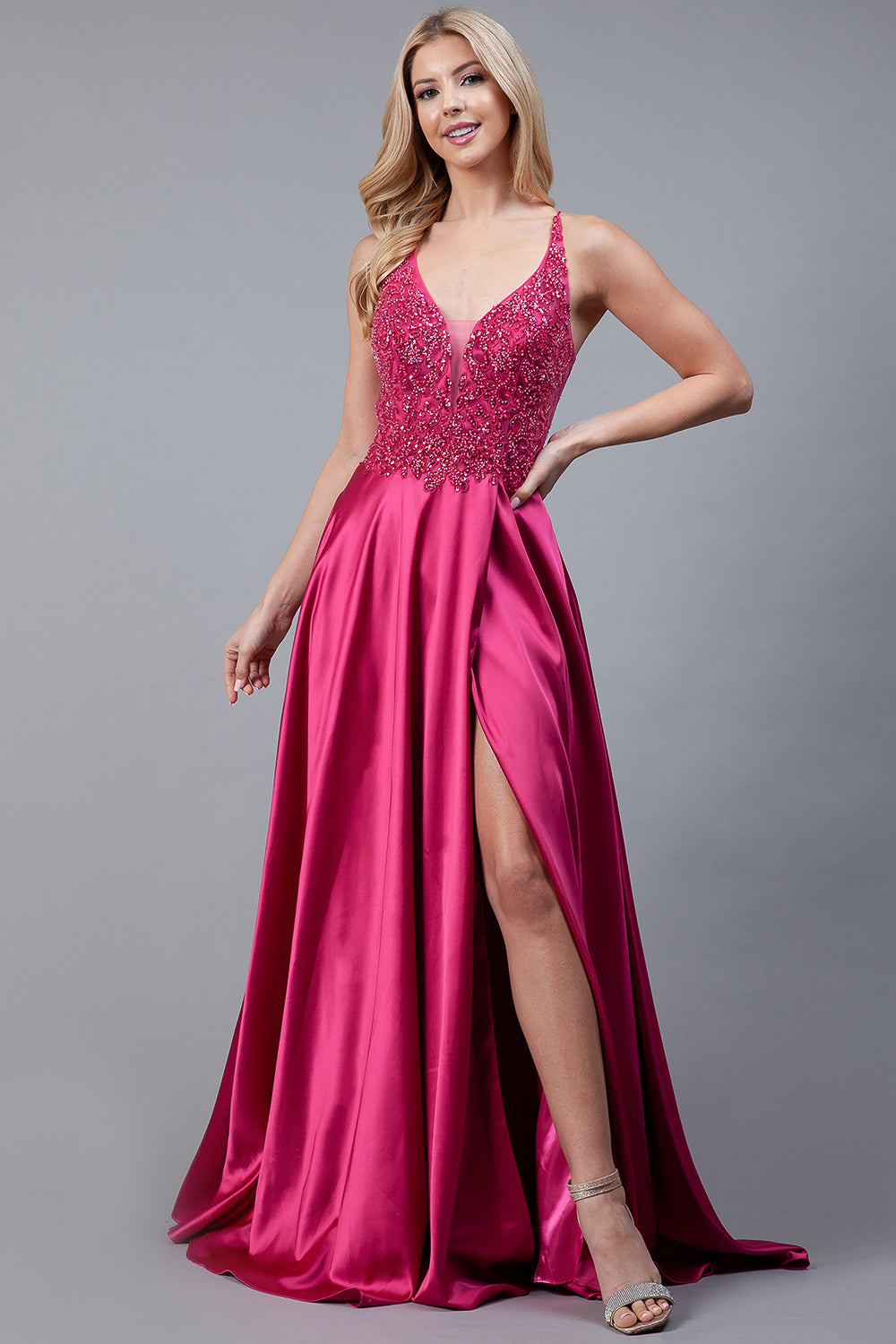 Long Prom Dress with Front Slit, Embroidered Bodice & Satin Skirt-smcdress