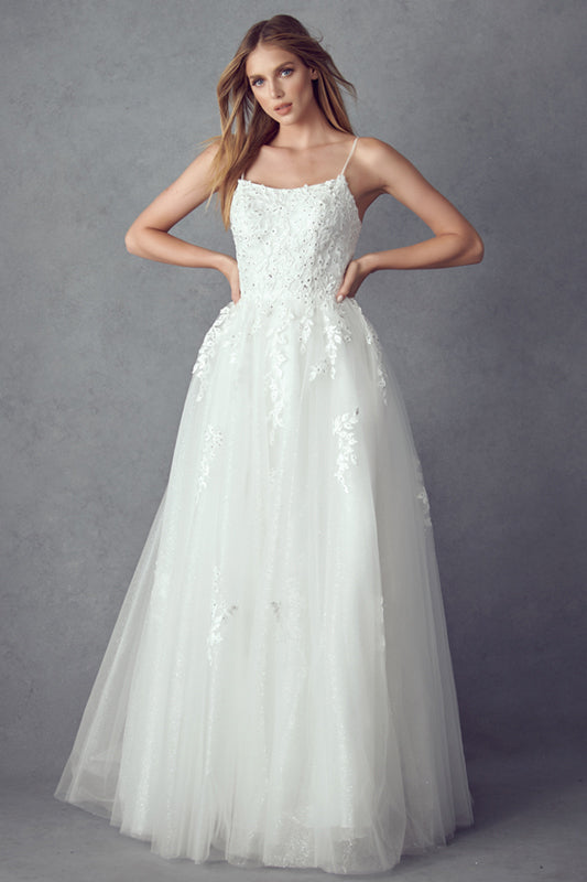 Embroidered Tulle Bodice Wedding Dress w/ Floral Applique-smcdress