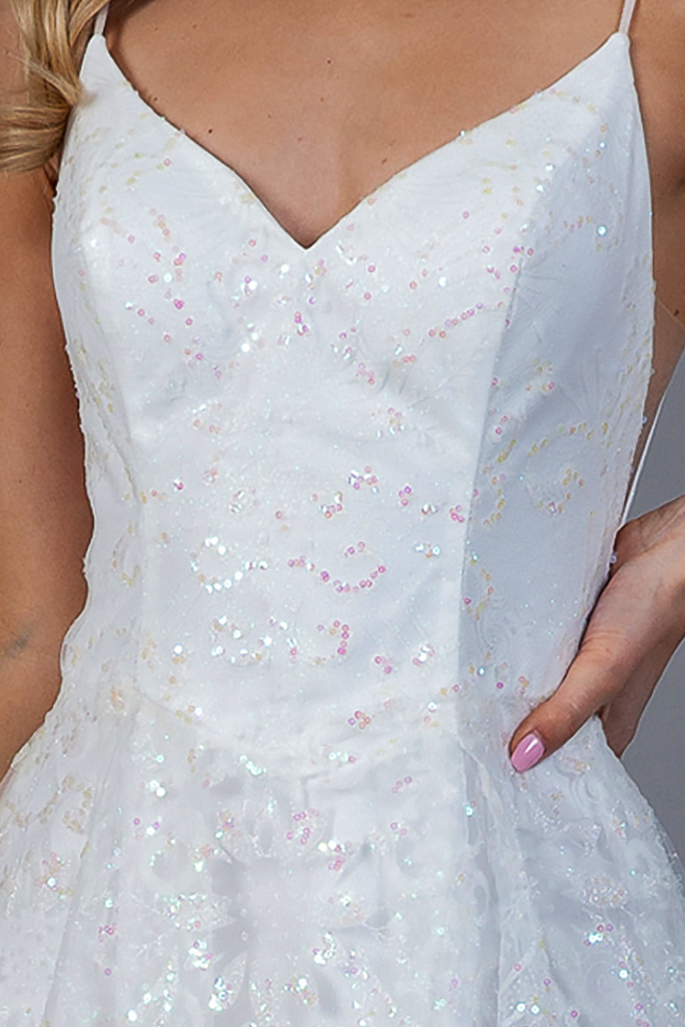 Glitter Lace Slit V-Back Prom Dress-smcdress