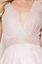 Glittery Long Evening & Prom Dress w/ V-Neck, Open Back & Waist Detailing-smcdress