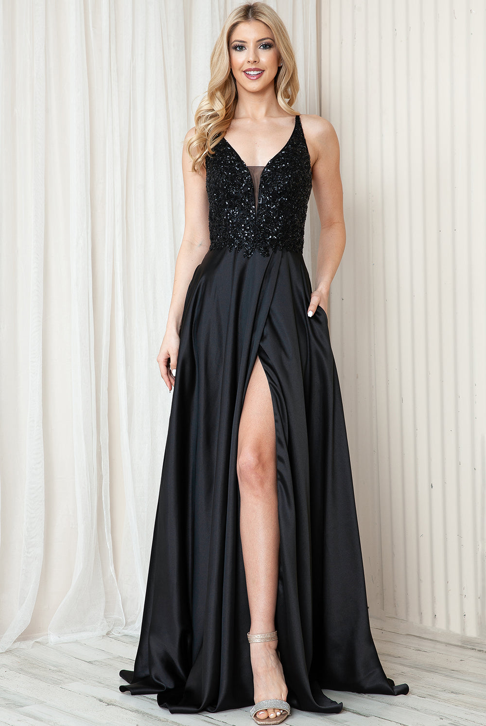 Long Prom Dress with Front Slit, Embroidered Bodice & Satin Skirt-smcdress
