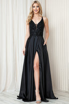 Long Prom Dress with Front Slit, Embroidered Bodice & Satin Skirt-smcdress