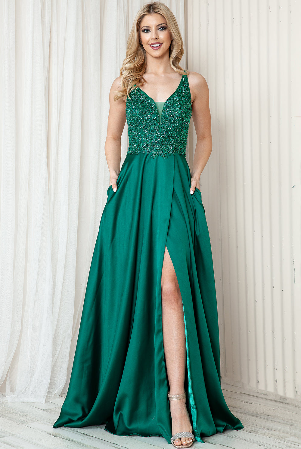 Long Prom Dress with Front Slit, Embroidered Bodice & Satin Skirt-smcdress