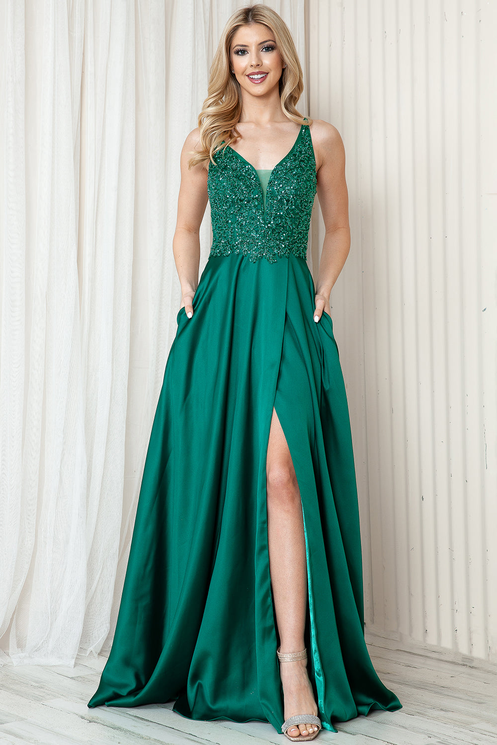 Long Prom Dress with Front Slit, Embroidered Bodice & Satin Skirt-smcdress