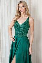 Long Prom Dress with Front Slit, Embroidered Bodice & Satin Skirt-smcdress