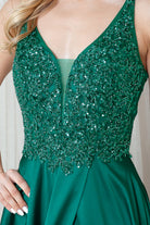 Long Prom Dress with Front Slit, Embroidered Bodice & Satin Skirt-smcdress