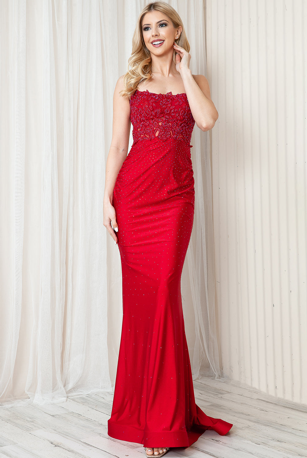 Embroidered Bodice Mermaid Prom Dress with Open Criss Cross Back-smcdress
