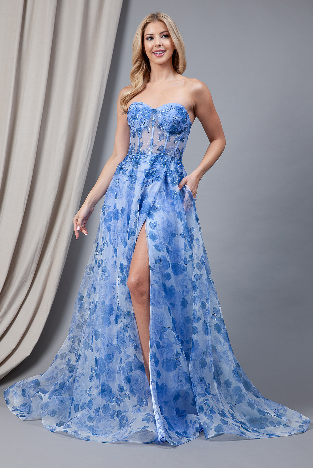 Floral Strapless Prom Dress w/Jewel & Slit-smcdress