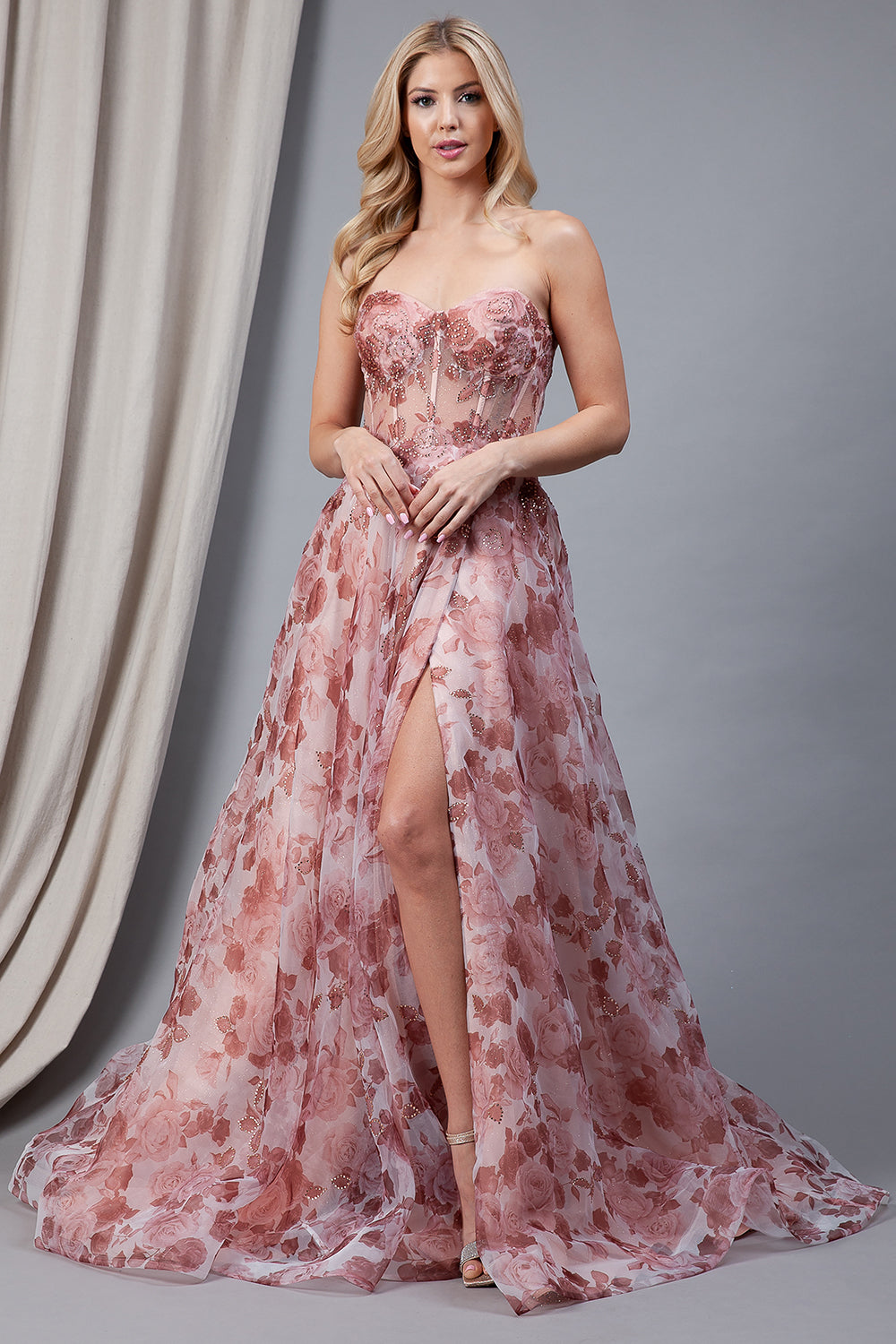 Floral Strapless Prom Dress w/Jewel & Slit-smcdress