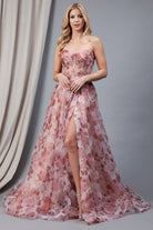 Floral Strapless Prom Dress w/Jewel & Slit-smcdress