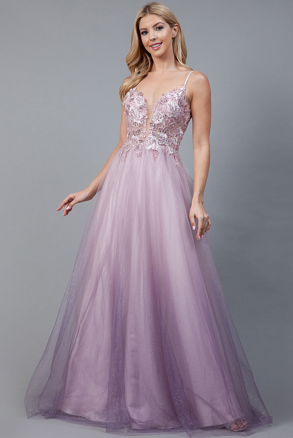 Embroidered Lace Bodice, Glittering Tulle Skirt, Long Prom Dress-smcdress