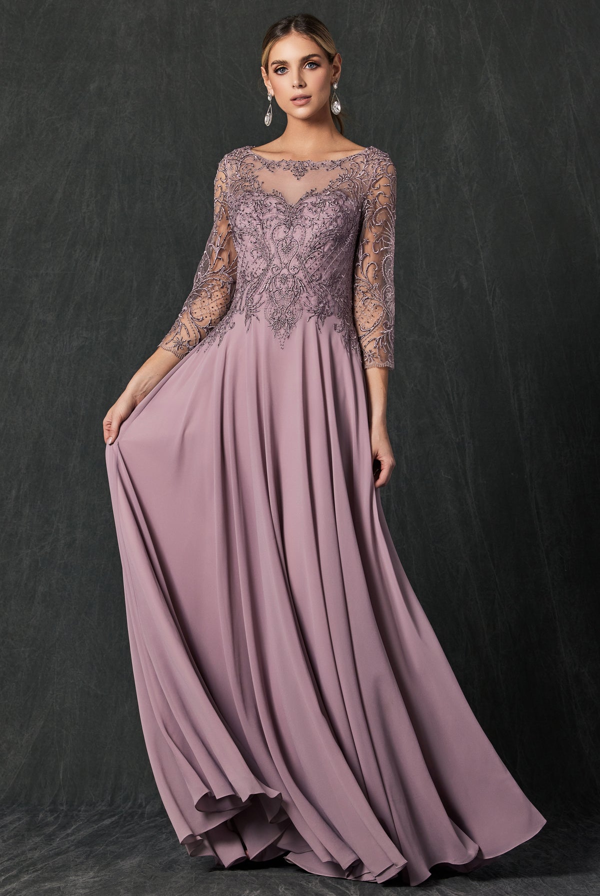 Embroidered Lace Beaded Long Mother Of The Bride Dress-smcdress