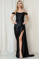 Satin Off Shoulder Long Dress with Slit Straps for Evening & Proms-smcdress