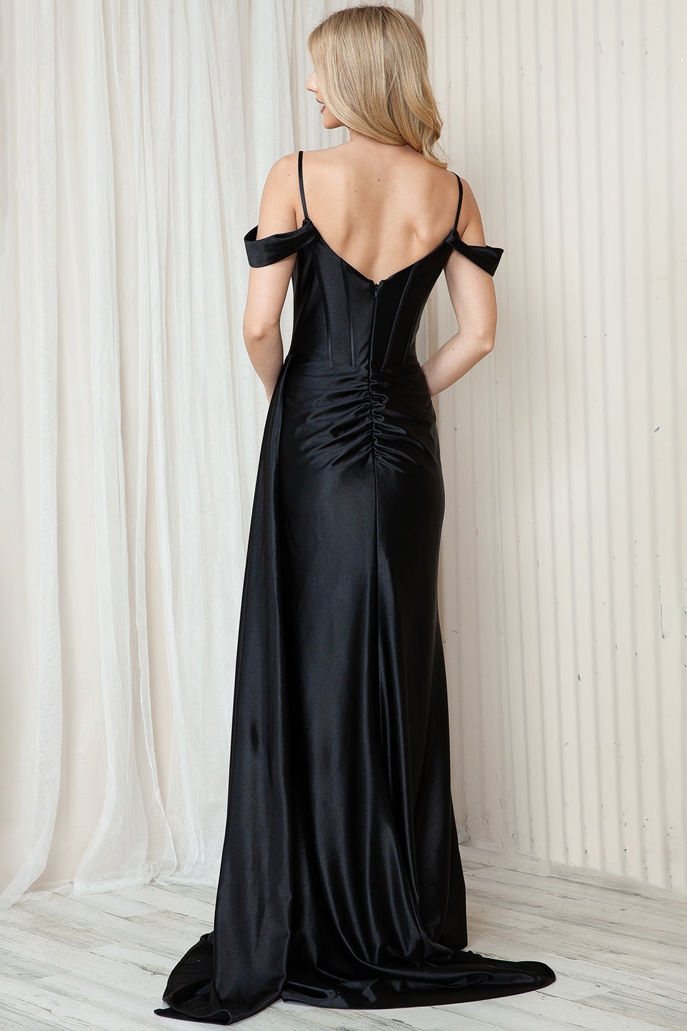 Satin Off Shoulder Long Dress with Slit Straps for Evening & Proms-smcdress